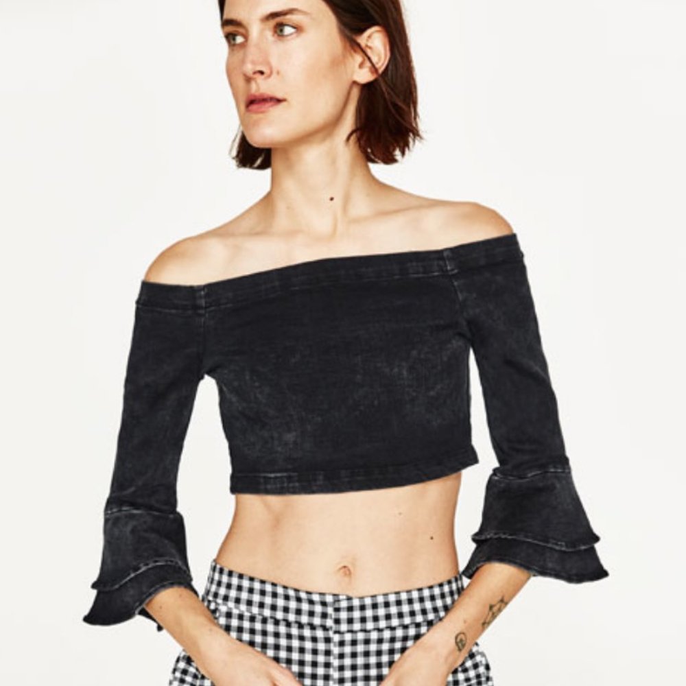 Zara Denim Crop Top with layered Bell Sleeves